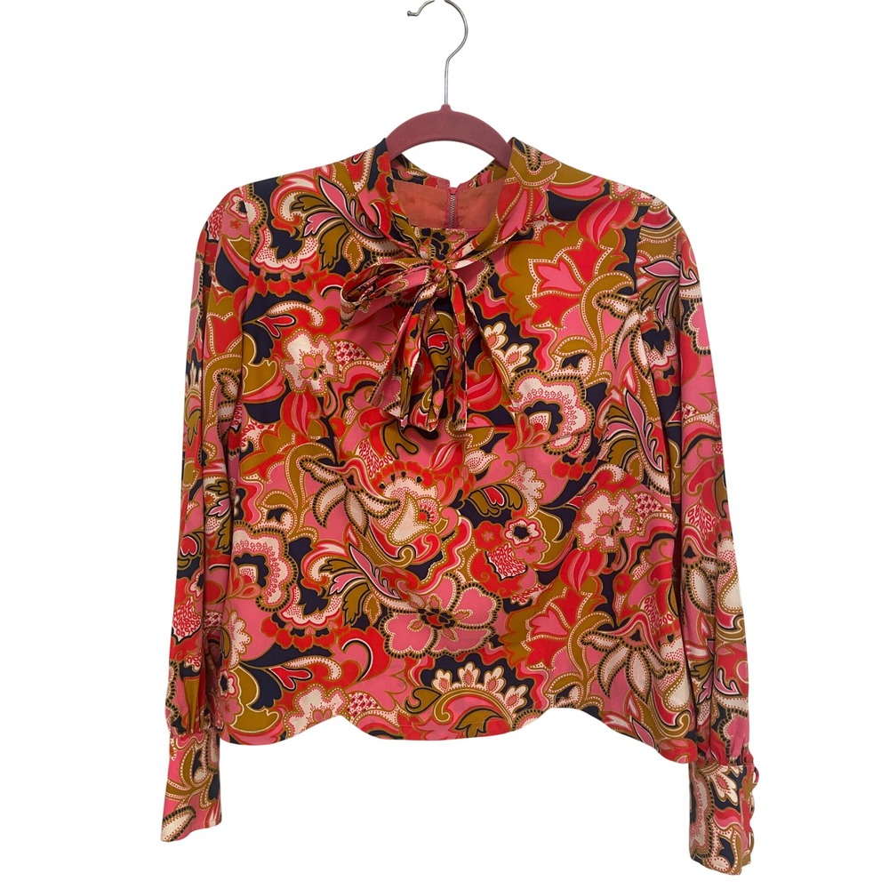 Vintage Blouse Pink Paisley Floral Bow Tie Neck Long Sleeve Puffy Shoulder Large